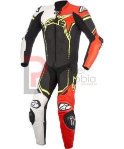 Men' Leather Motorcycle Riding Suit, Black/White/Red/Yellow, 54 front image full