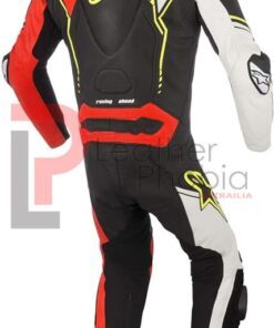 Men' Leather Motorcycle Riding Suit, Black/White/Red/Yellow, 54 back image full