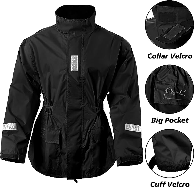 71A4Ji2QTgL._AC_UX679 Leather Phobia Motorcycle Rain Suit for Men Women Waterproof Jacket and Pants with High Visibility Reflective Tape jacket front image with details