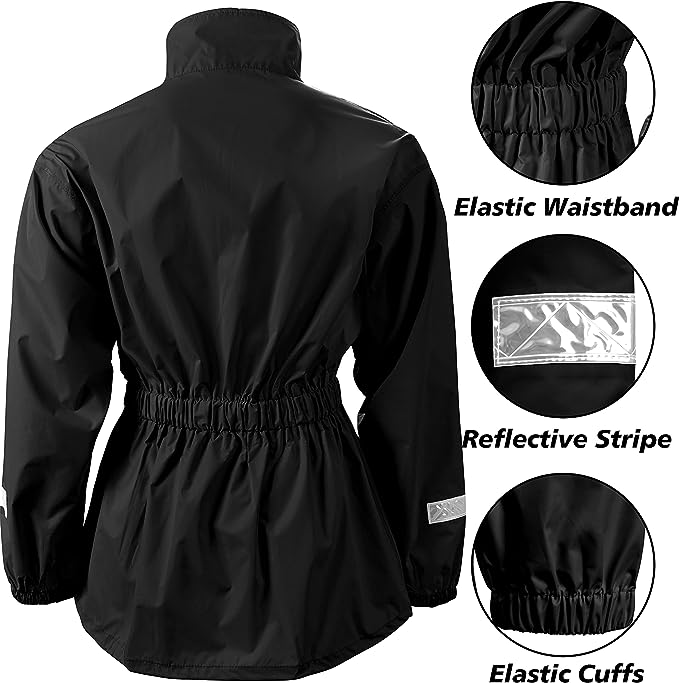 81QXBTeFxPL._AC_UX679 Leather Phobia Motorcycle Rain Suit for Men Women Waterproof Jacket and Pants with High Visibility Reflective Tape jacket back image with details