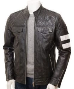 Black Distressed Biker Strips Leather Jacket