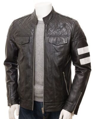 Black Distressed Biker Strips Leather Jacket