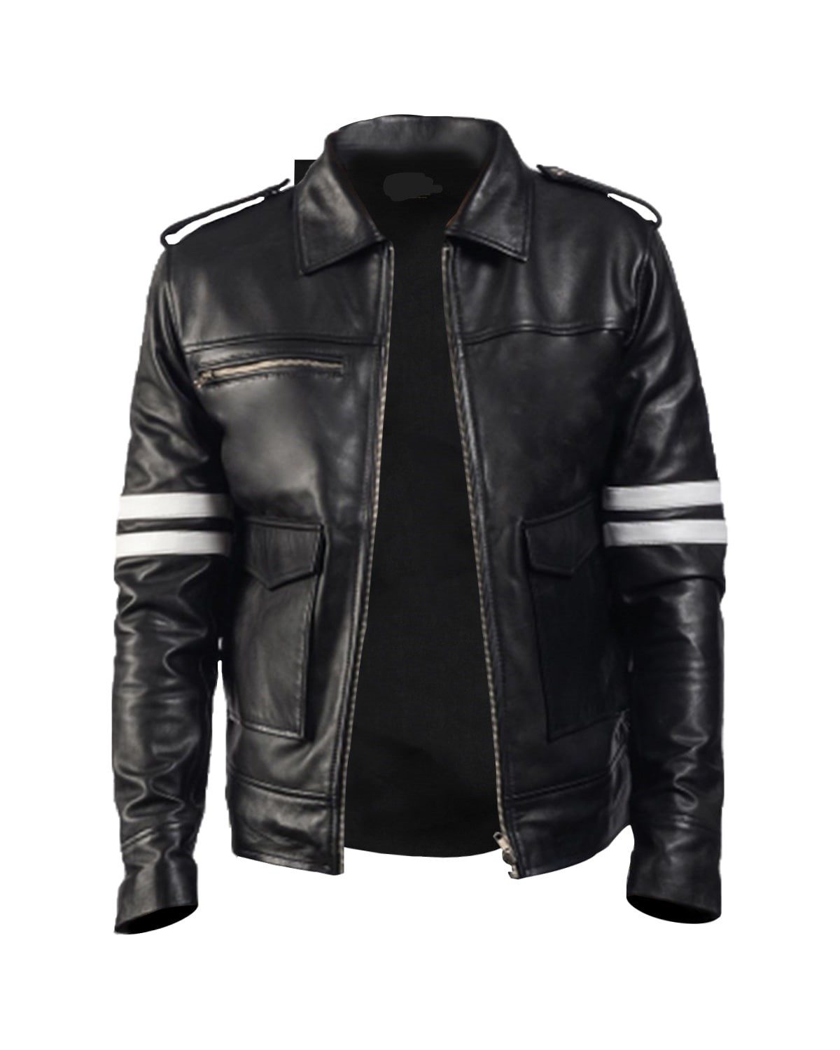 Men's Black Biker With White Stripes Leather Jacket front image